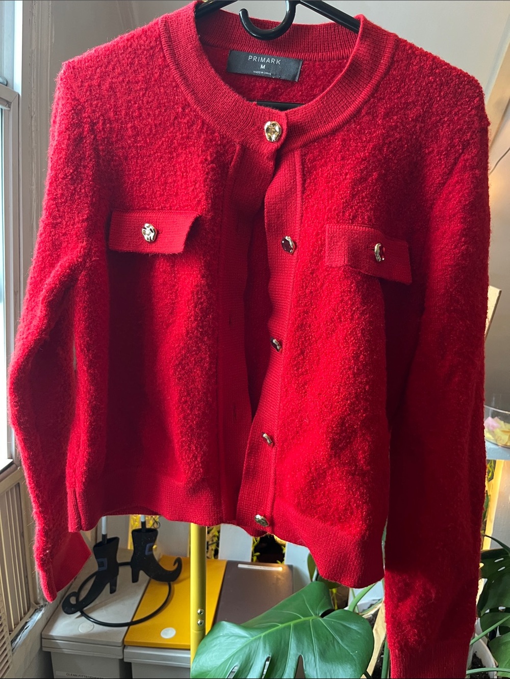 Primark Red Textured Gold-Button Cardigan Jacket